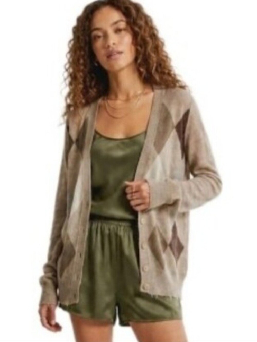 Old Navy Argyle Button Front Cardigan Sweater Tan Brown Cream M